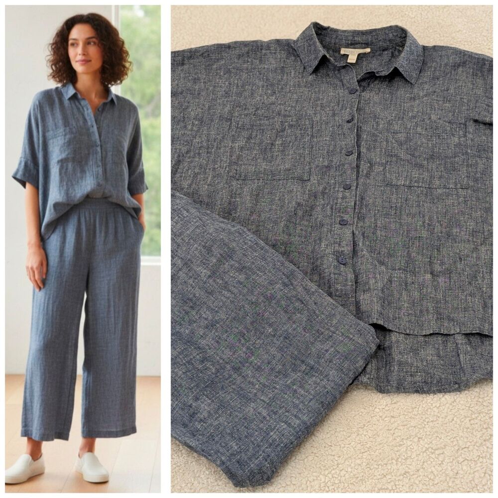 Eileen Fisher Oversized XS Shirt/Pants Hemp/Organic Cotton Blue Lagenlook